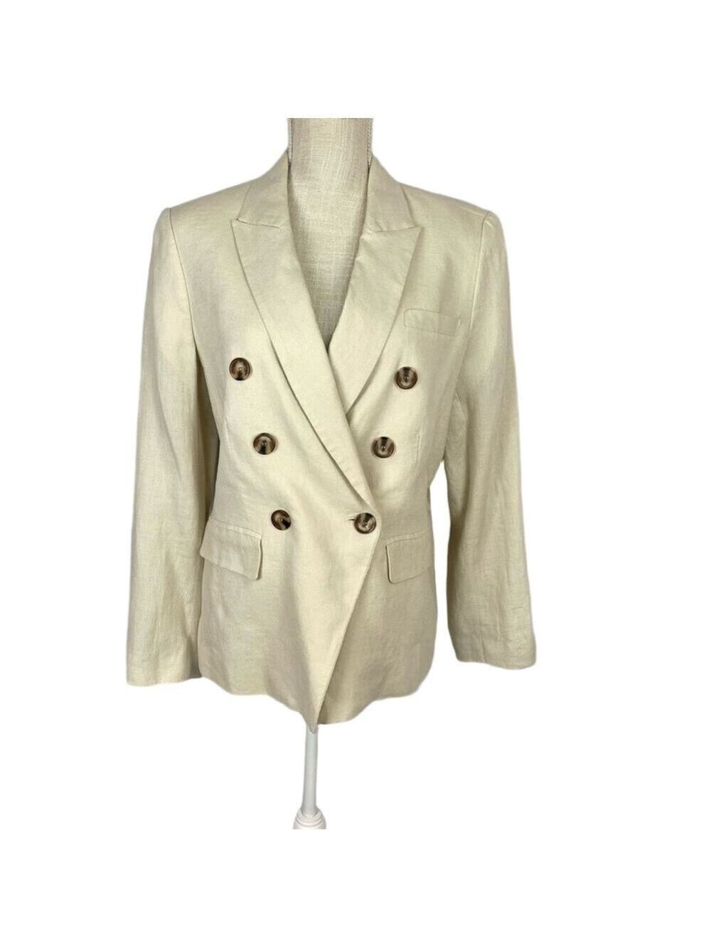 Magaschoni Linen Blend Double Breasted Blazer Jacket Cream Women’s Large Natural